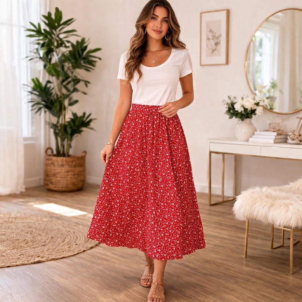 Red Floral Maxi Skirt Elastic Waist Flowy Boho Casual Size S